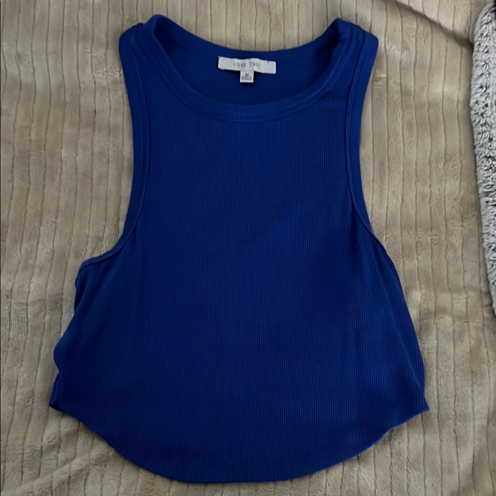 Love Tree Blue Sleeveless Crop Tank Top with Cut Out Features